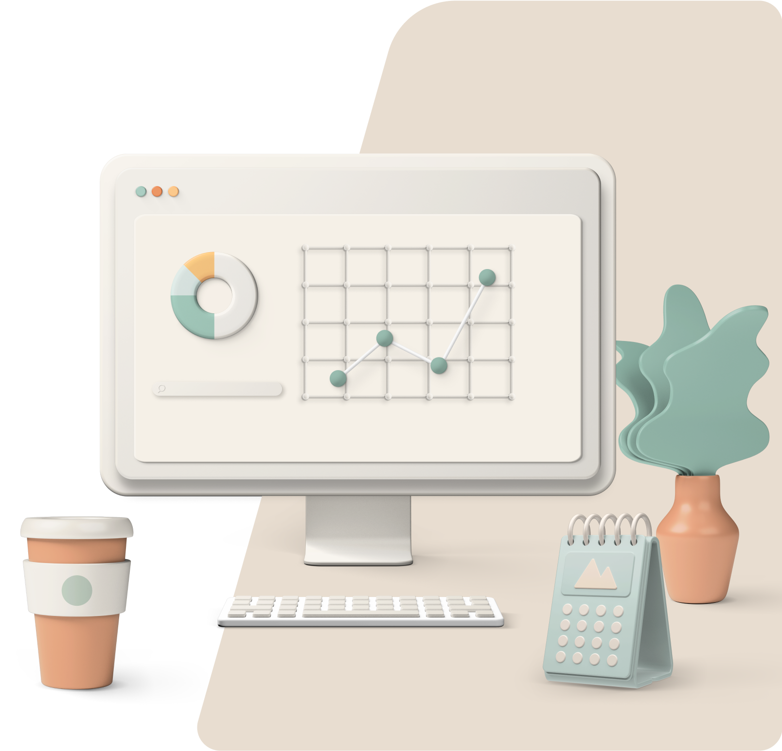 Desk setup with analytics dashboard, coffee, and plant